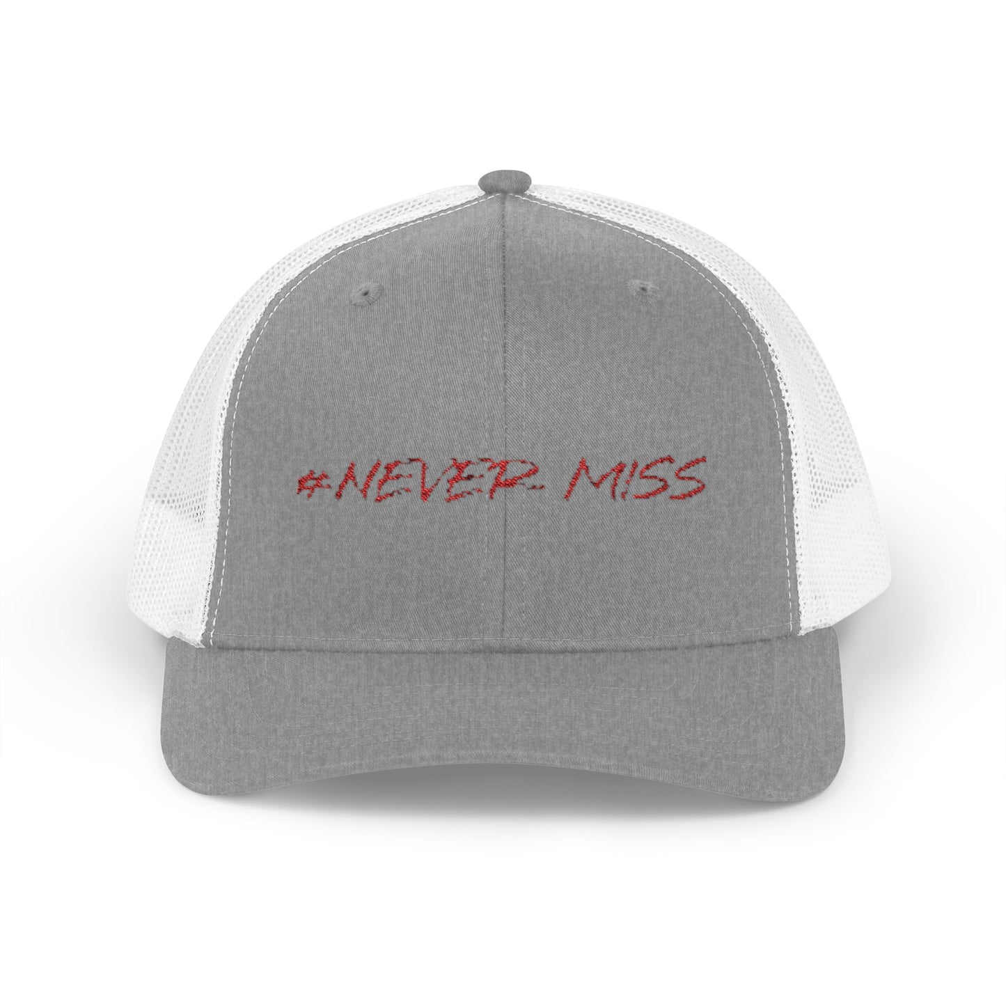 #NEVER MISS Snapback Trucker Cap — White Mesh Casual Baseball Hat