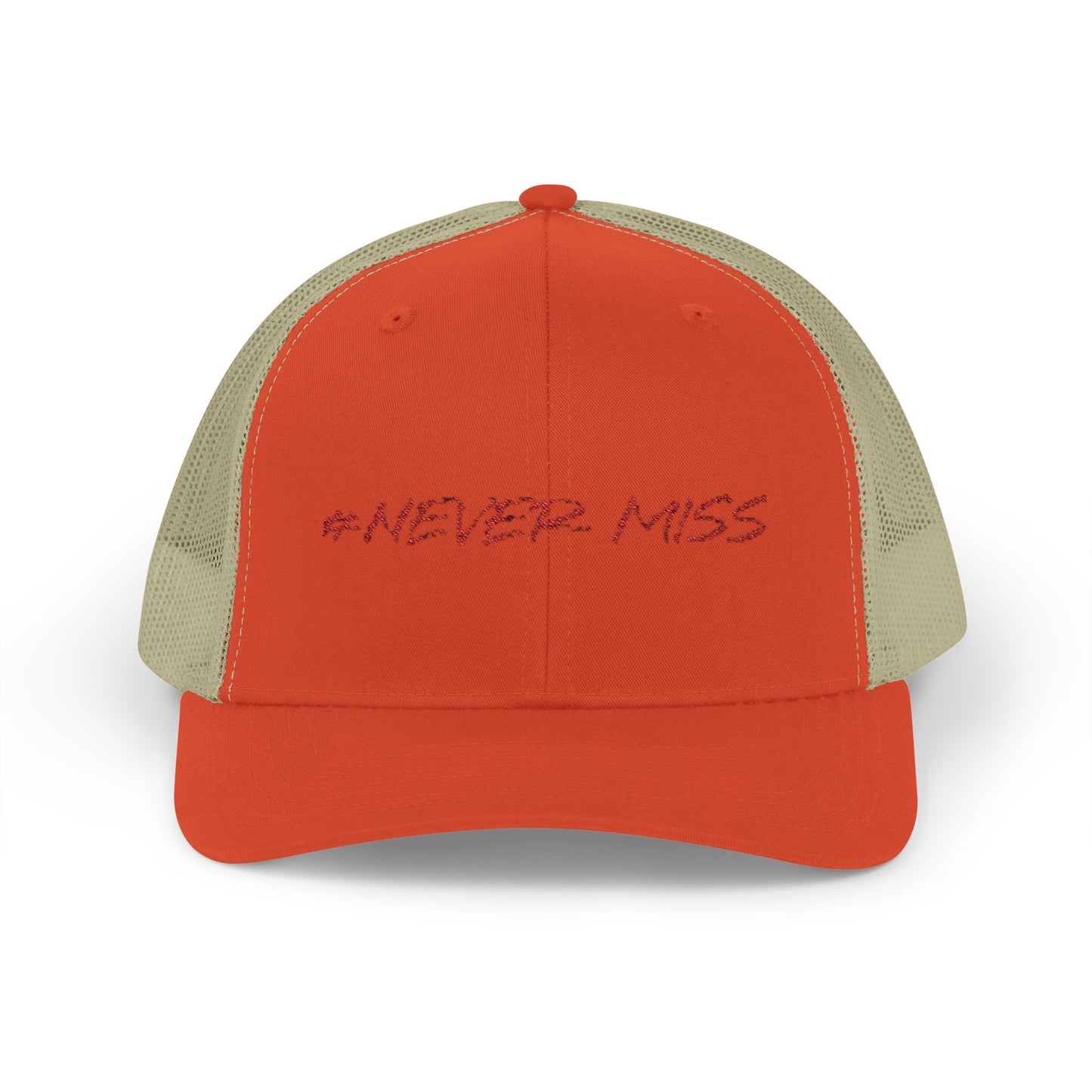 #NEVER MISS Snapback Trucker Cap — White Mesh Casual Baseball Hat