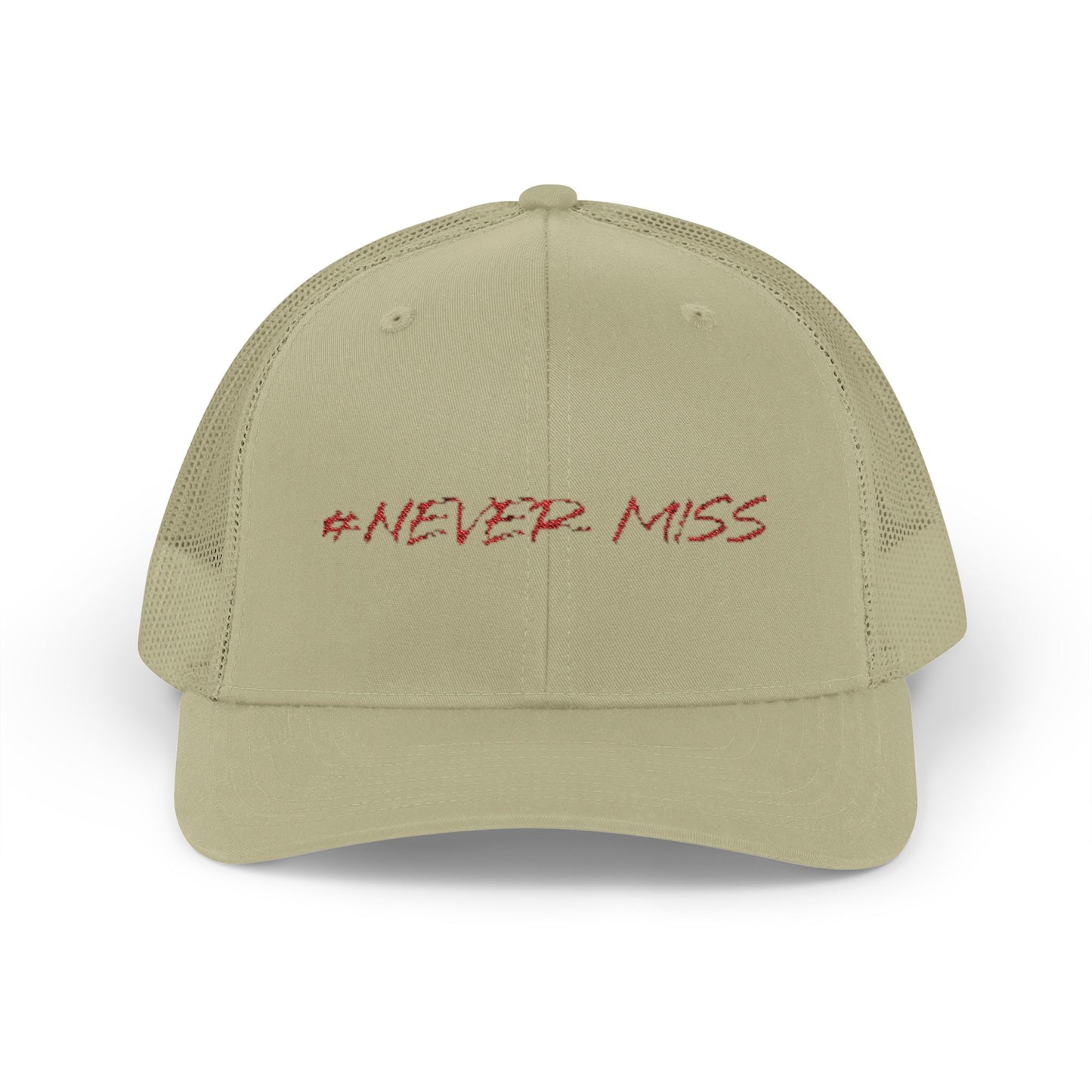 #NEVER MISS Snapback Trucker Cap — White Mesh Casual Baseball Hat