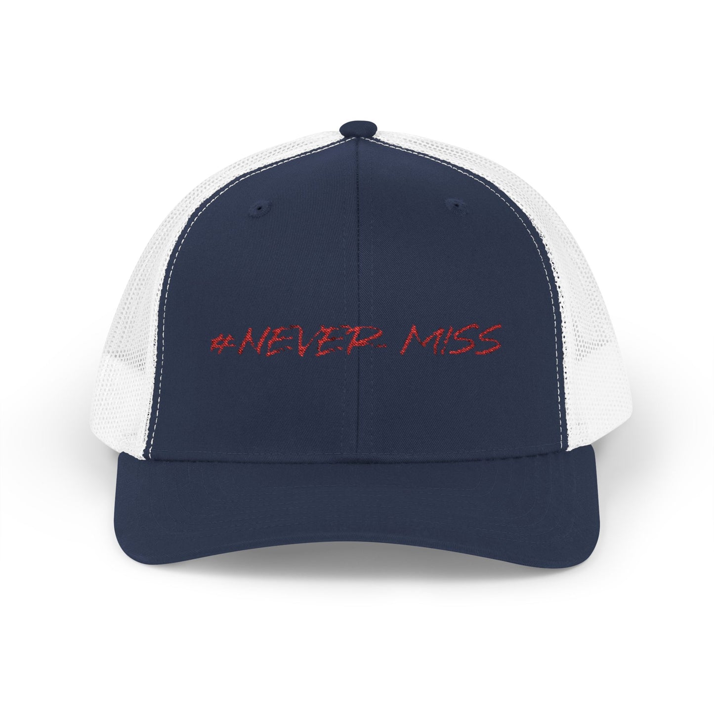 #NEVER MISS Snapback Trucker Cap — White Mesh Casual Baseball Hat