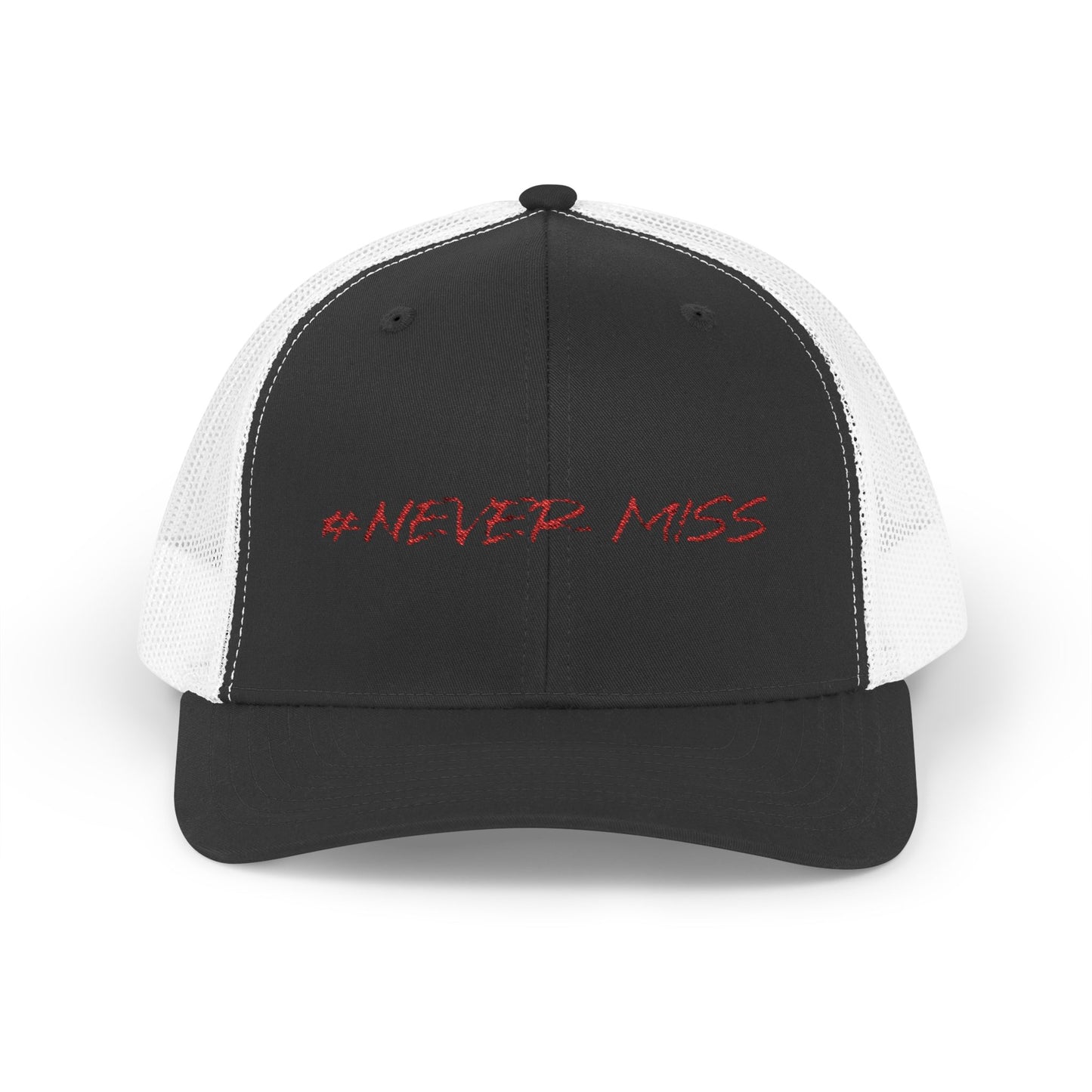 #NEVER MISS Snapback Trucker Cap — White Mesh Casual Baseball Hat
