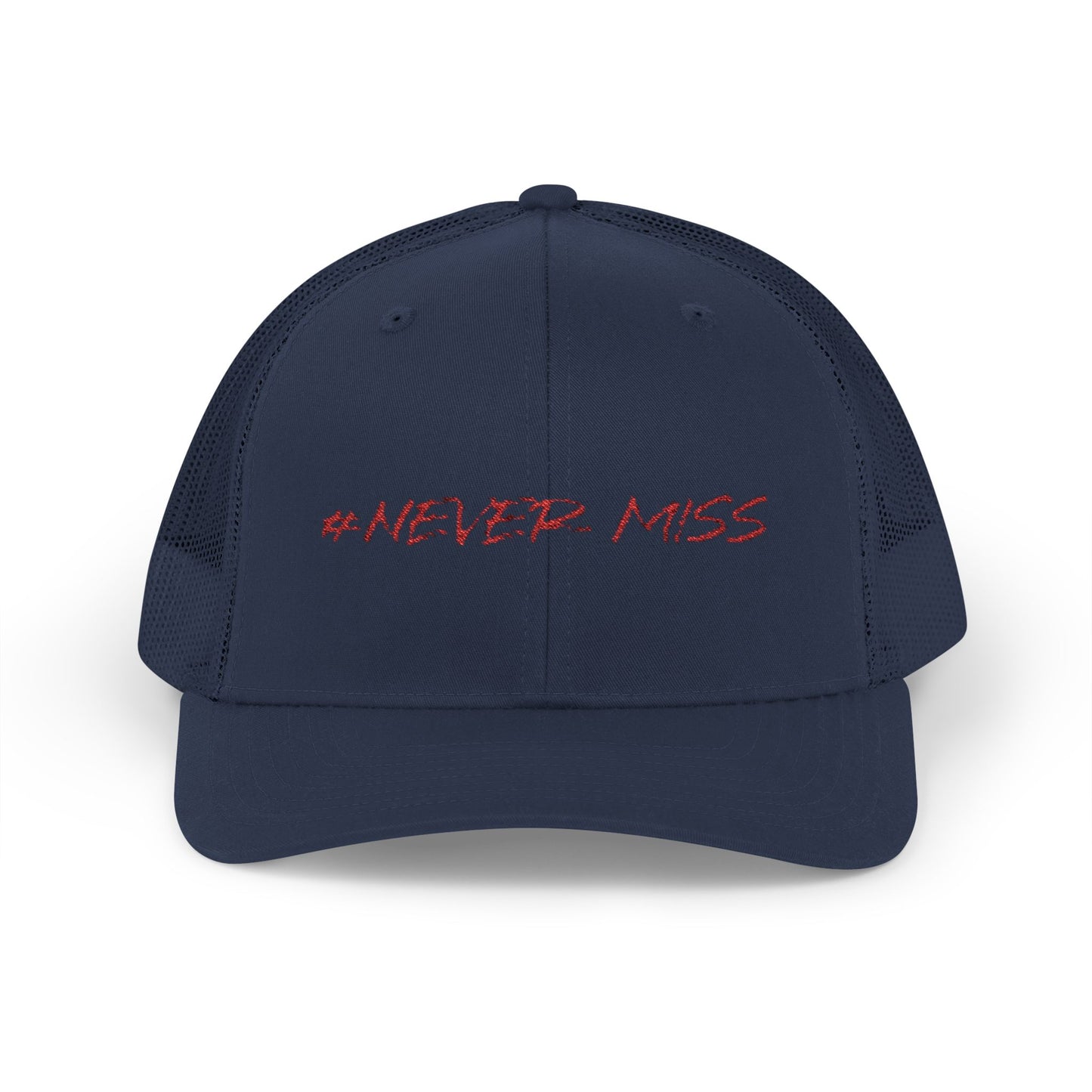 #NEVER MISS Snapback Trucker Cap — White Mesh Casual Baseball Hat