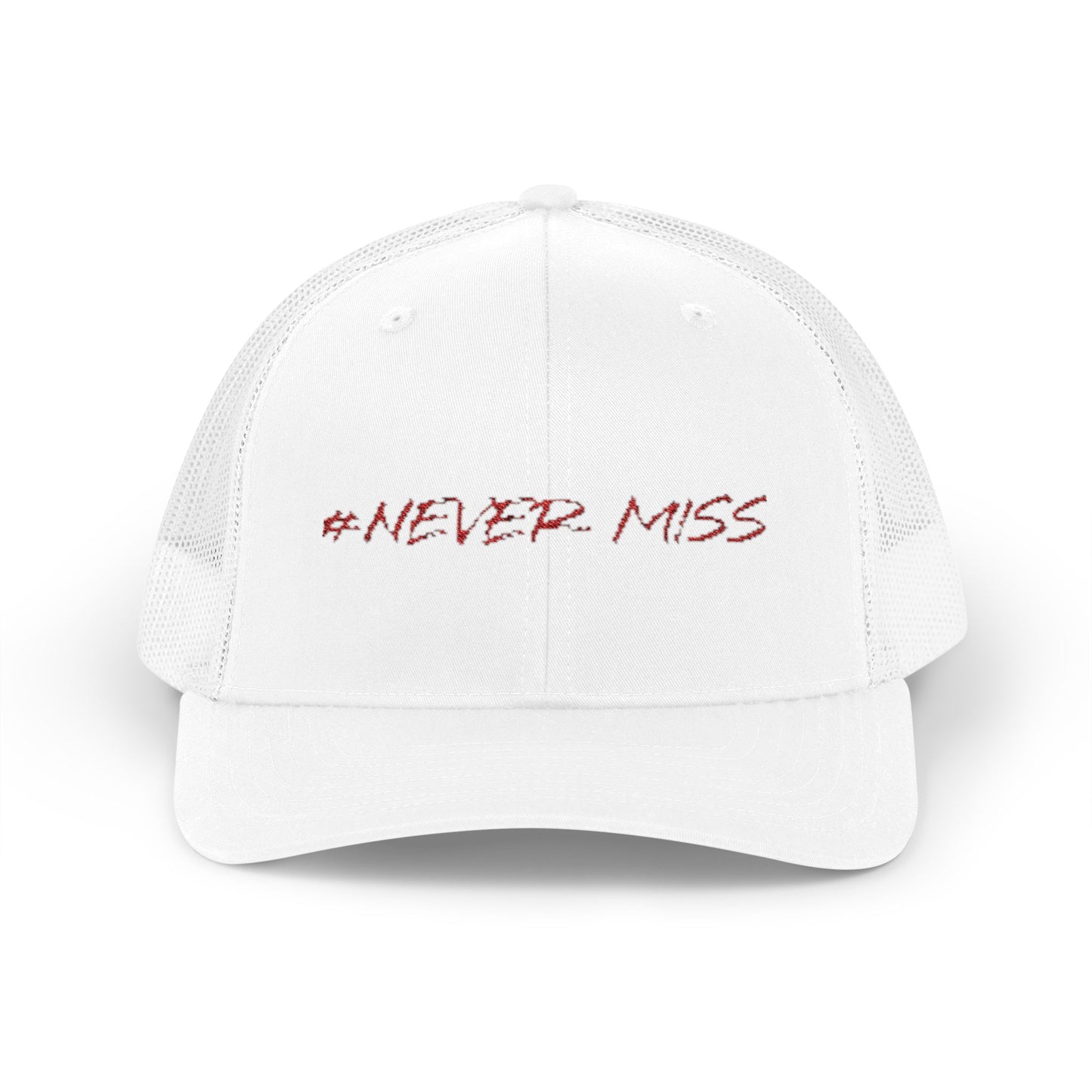 #NEVER MISS Snapback Trucker Cap — White Mesh Casual Baseball Hat
