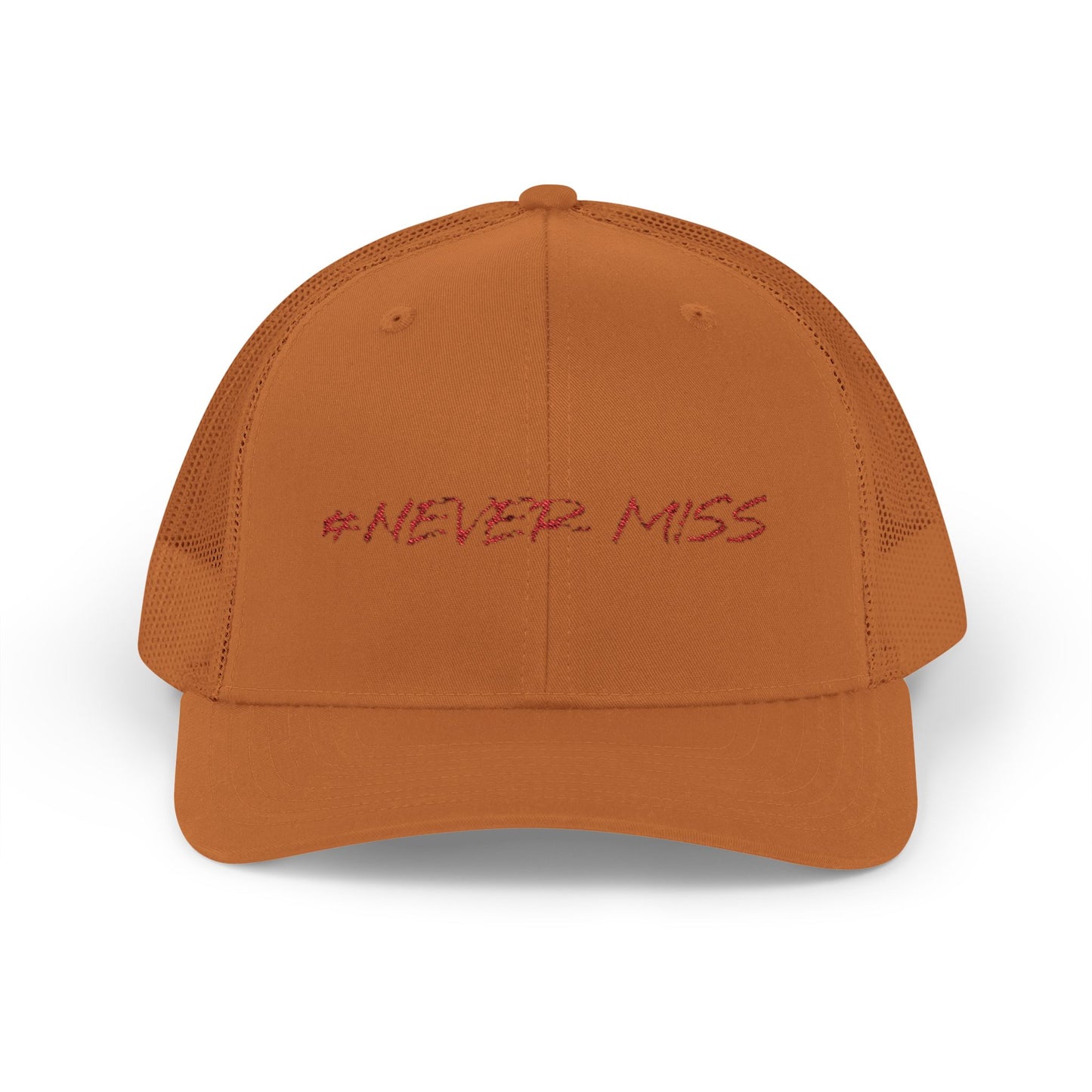#NEVER MISS Snapback Trucker Cap — White Mesh Casual Baseball Hat
