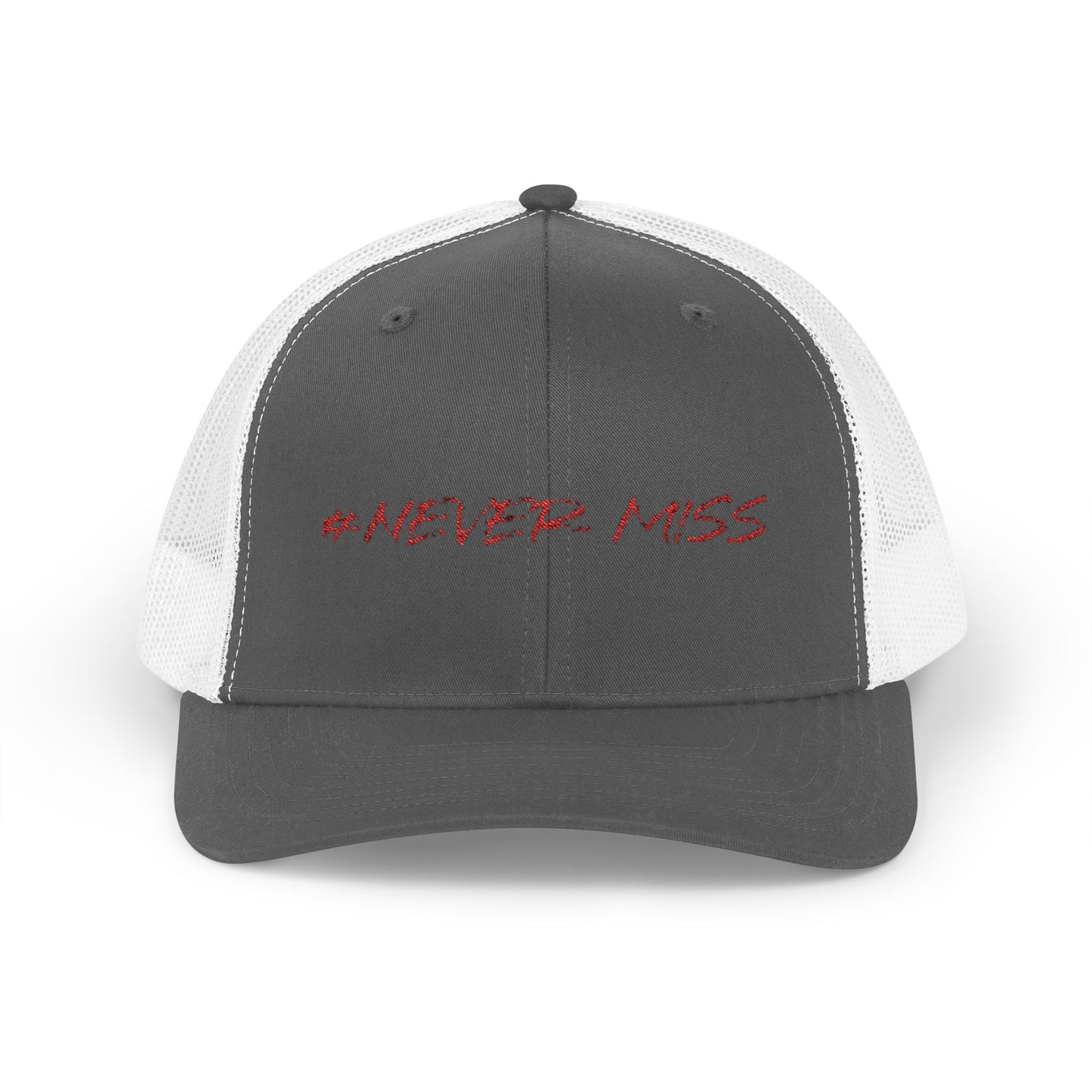 #NEVER MISS Snapback Trucker Cap — White Mesh Casual Baseball Hat